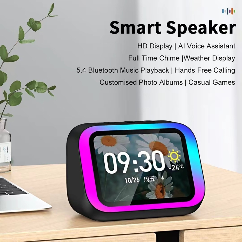 Home Cinema In - AI音声アシスタント Bluetoothスピーカー RGBカラー照明付き目覚まし時計 LEDスクリーン天気時計表示 電子スピーカー